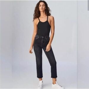 Denim Forum The Arlo High Rise Straight Black Size 29 Distressed Hem Button fly